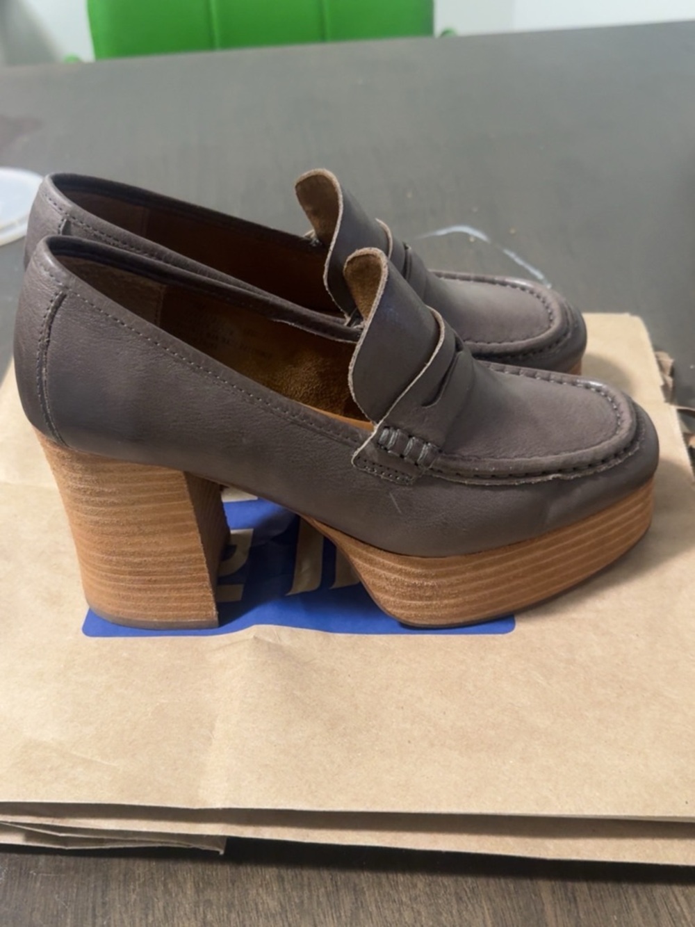 Kork-Ease Gray Leather Platform Loafer Heels